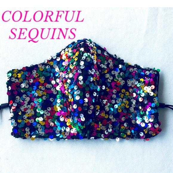HAND CRAFTED SEQUIN FACE MASK BLING RAINBOW - Picture 8 of 11